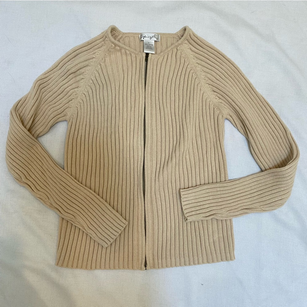 Women’s Vintage Spiegel Zip Front Cable Knit Cotton Sweater Cardigan L Beige